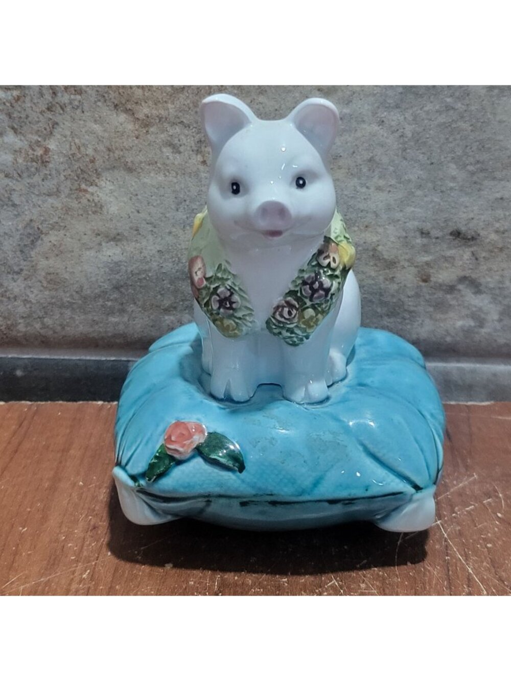 Vintage Schmid Ceramic Pig Musical Box 1987 Pig Seated Blue Pillow